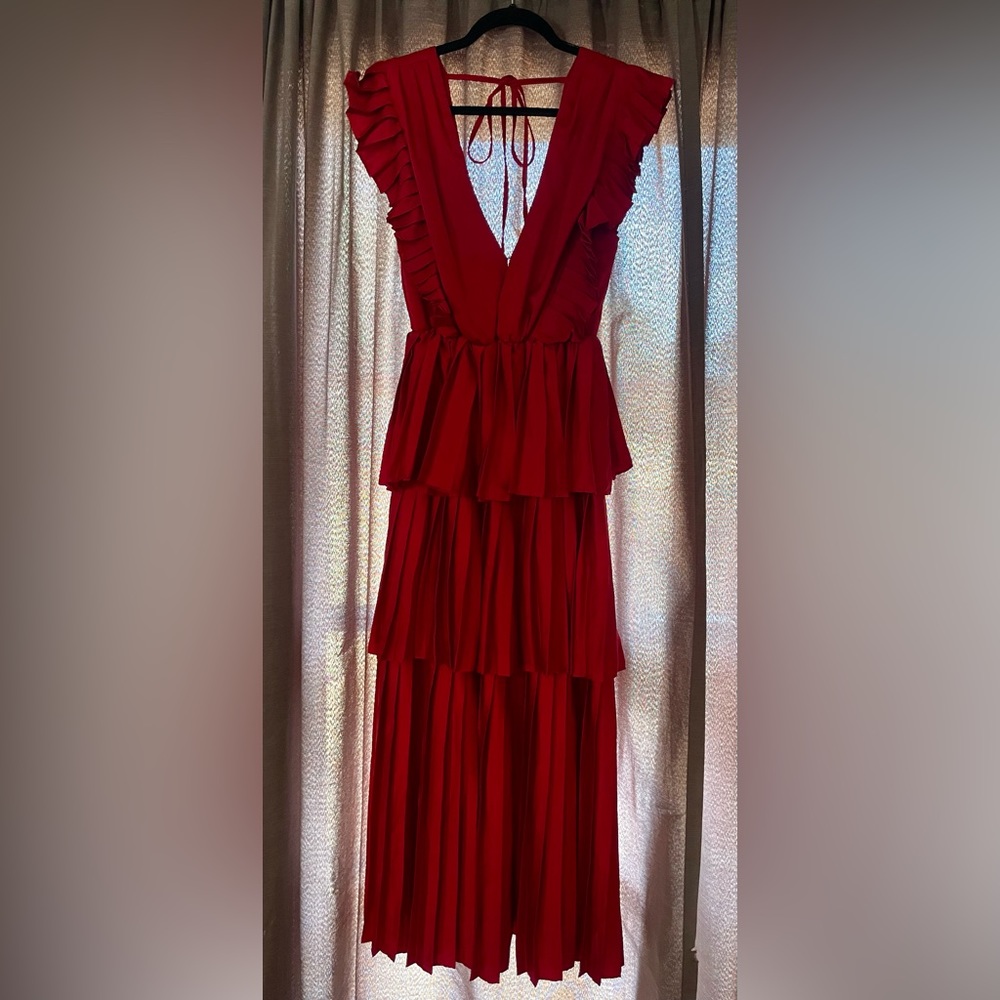 Red Tiered Ruffle Maxi dress in Sm. Red/cranberry color (not pink). Worn 1x.